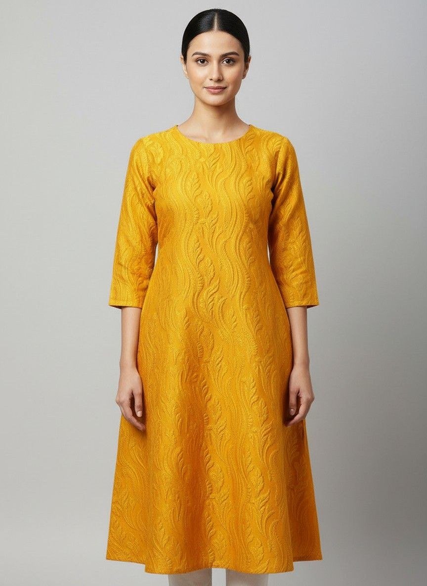 Mustard jacquard kurti — front